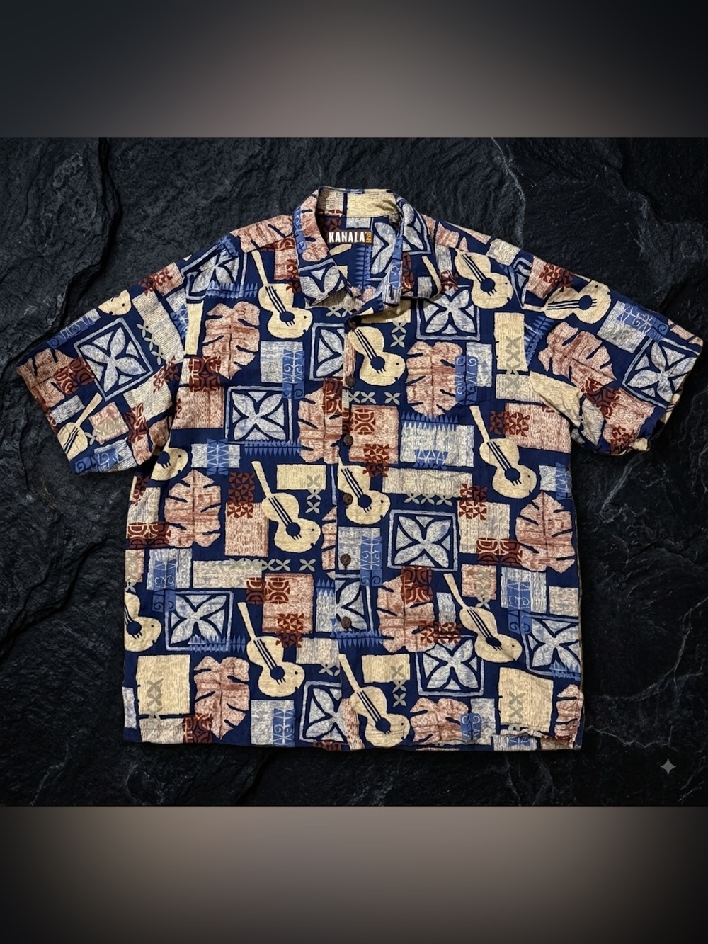 Kahala 1936 Mens XL Hawaiian Shirt Ukulele Tapa Print Made Hawaii Aloha